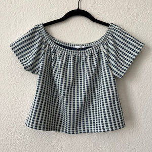 Zara Off Shoulder Blue & White Plaid Shirt Small